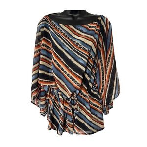 CHAPS Striped Sheer Blouse Women Large Orange‎ Blue Black Boho Kimono Sleeve